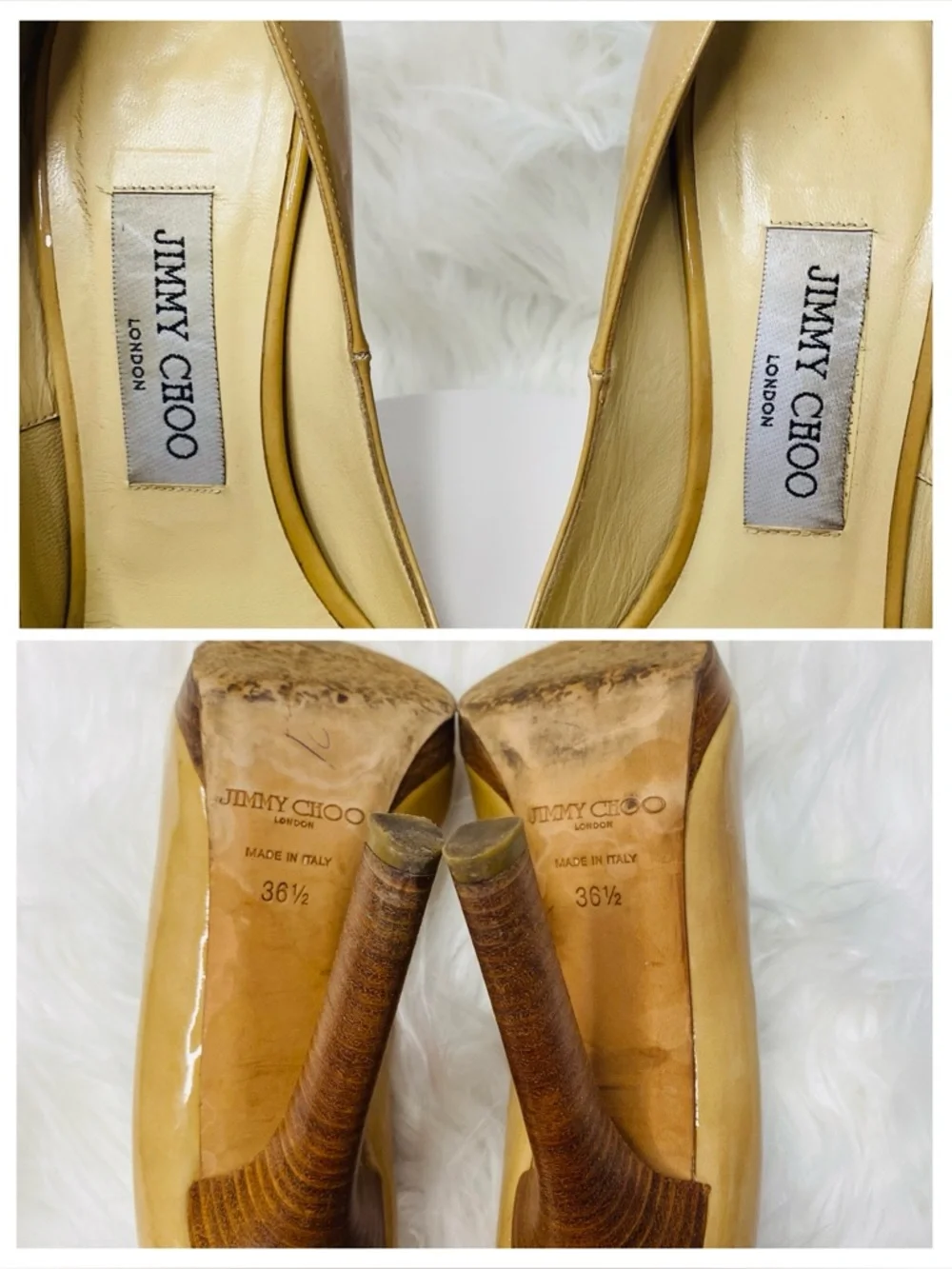 Jimmy Choo Nude Patent Leather Peep-Toe Pumps with Wooden Heels. Authentic - Picture 17 of 17